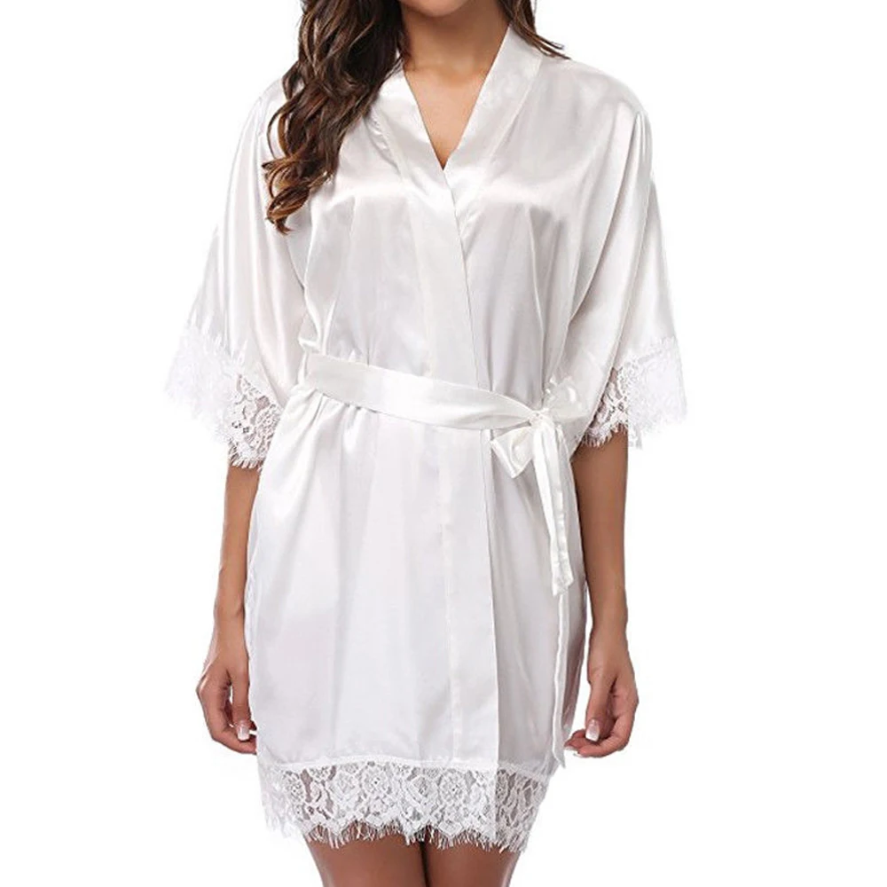 

Sexy Silk Lace Stitching Lingerie Half Sleeve Bathrobe French Romance Robe Dress Nightgown Nightwear Sleepwear For Female Women