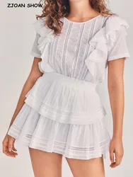 2022 Summer Hollow Out Hole Spiced Lace Ruffles Hem Short Sleeve Swing Dress White Women Slim Elastic Waist Mini Cake Dresses