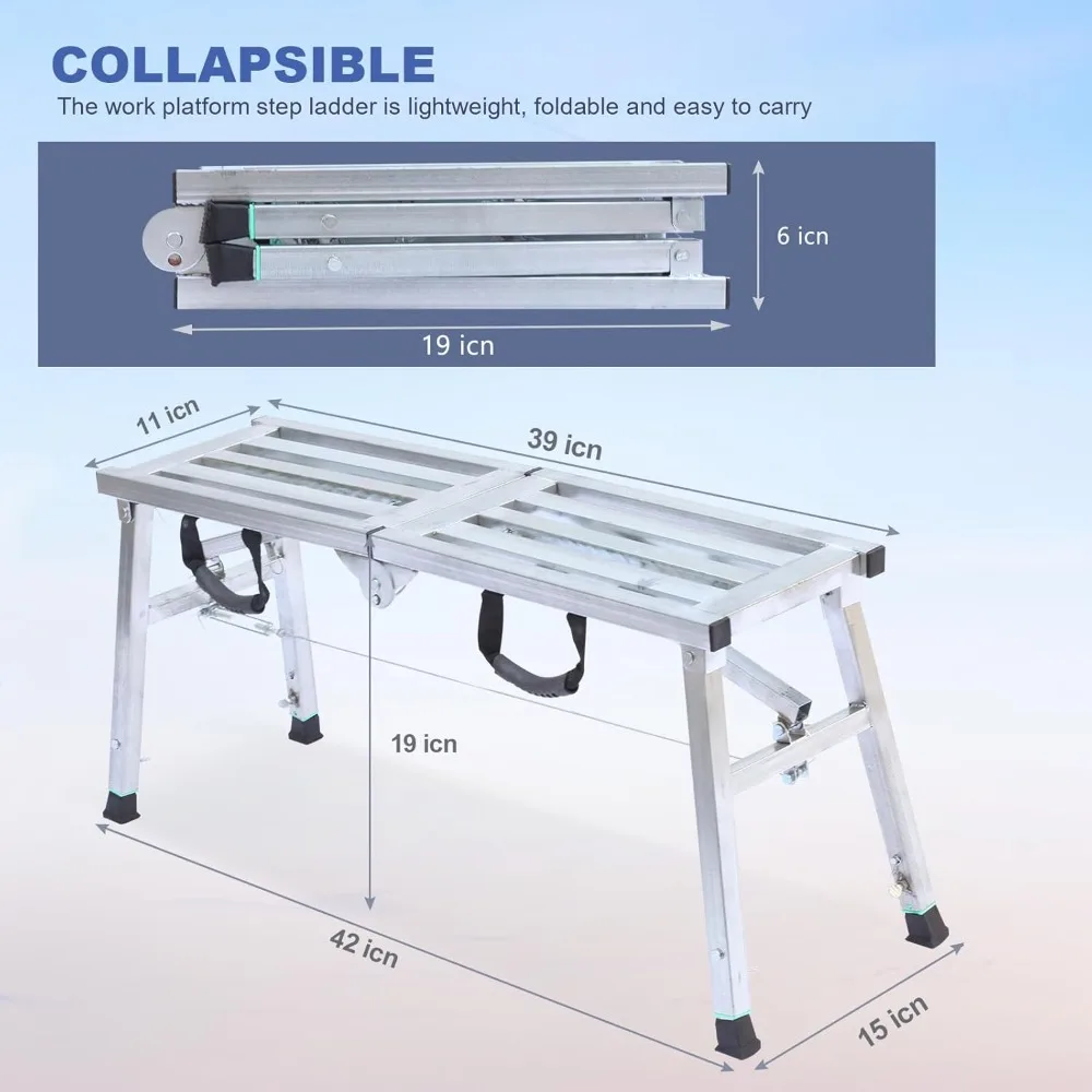 Plataforma de trabalho ajustável com classificação de trabalho de 400 lb, escada de aço, plataforma de andaime dobrável portátil para limpeza de RV alta