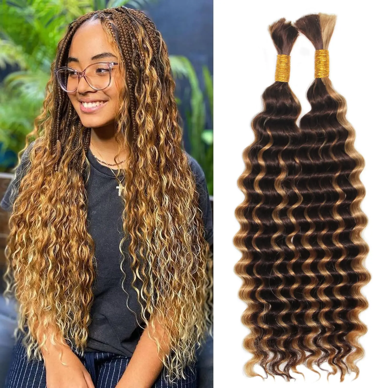 16inch 4/27 Human Braiding Hair Deep Wave Bulk Human Hair 