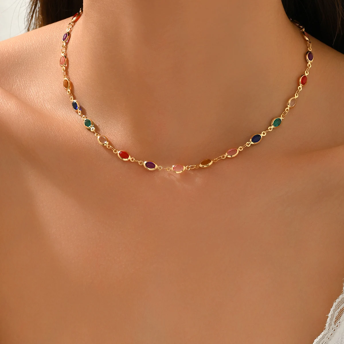 Dainty Rainbow Choker Necklace Colorful Oval Stone Gold Tone