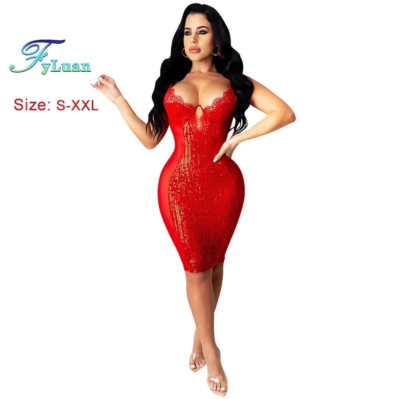 FyLuan New Listing Deep V Neck Women Dress Party Temperament Mesh Diamonds Sleeveless Cutout Bodycon Sexy Party Banquet Dresses