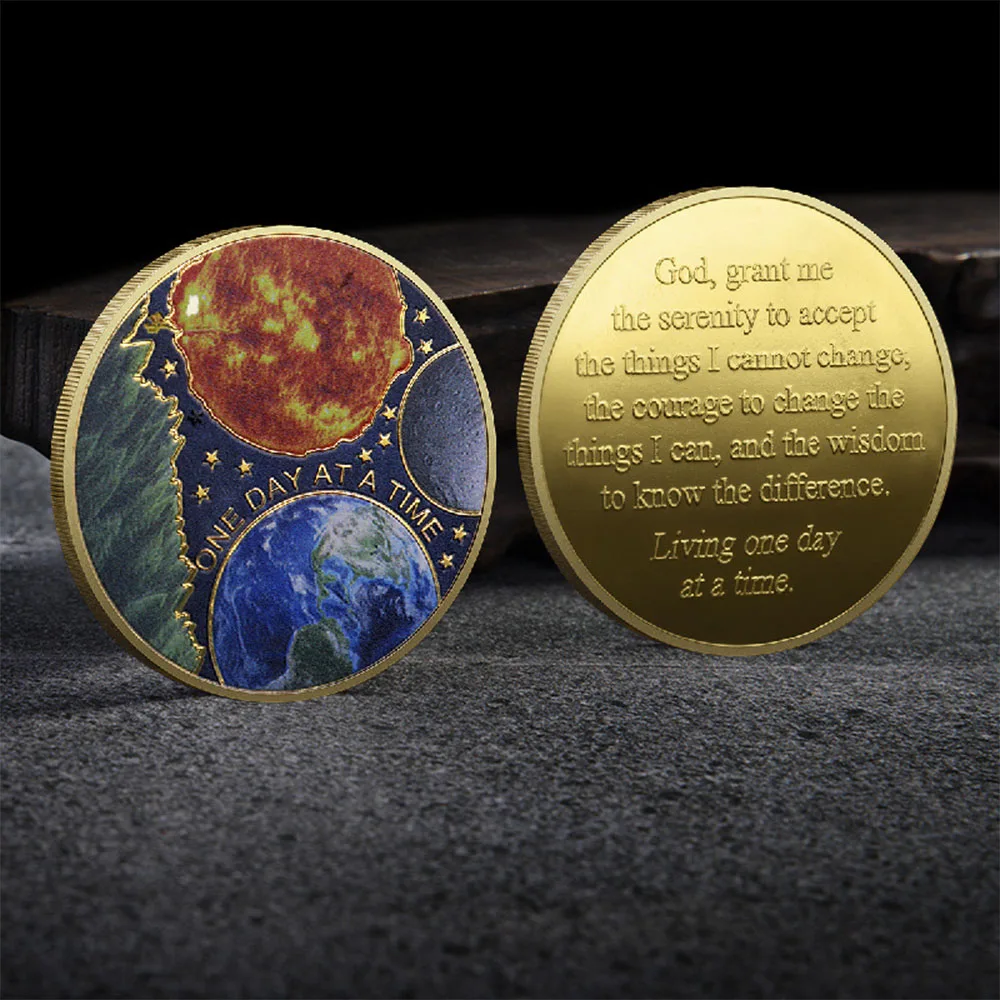 1 pièce Pièce commémorative « Un jour à la fois » avec motif Terre et Soleil, Pièce de défi « Prière de la Sérénité », Médaille de la Sobriété et de la Récupération, Cadeaux