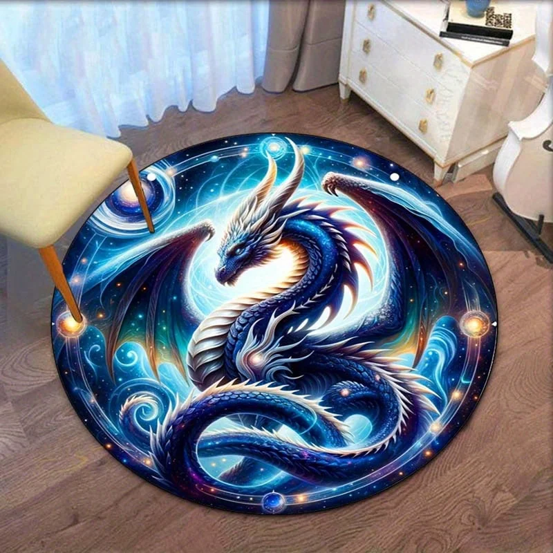 

Blue dragon galaxy cosmic round rug fantasy mythical creature crystal velvet carpet for bedroom living room gaming room decor