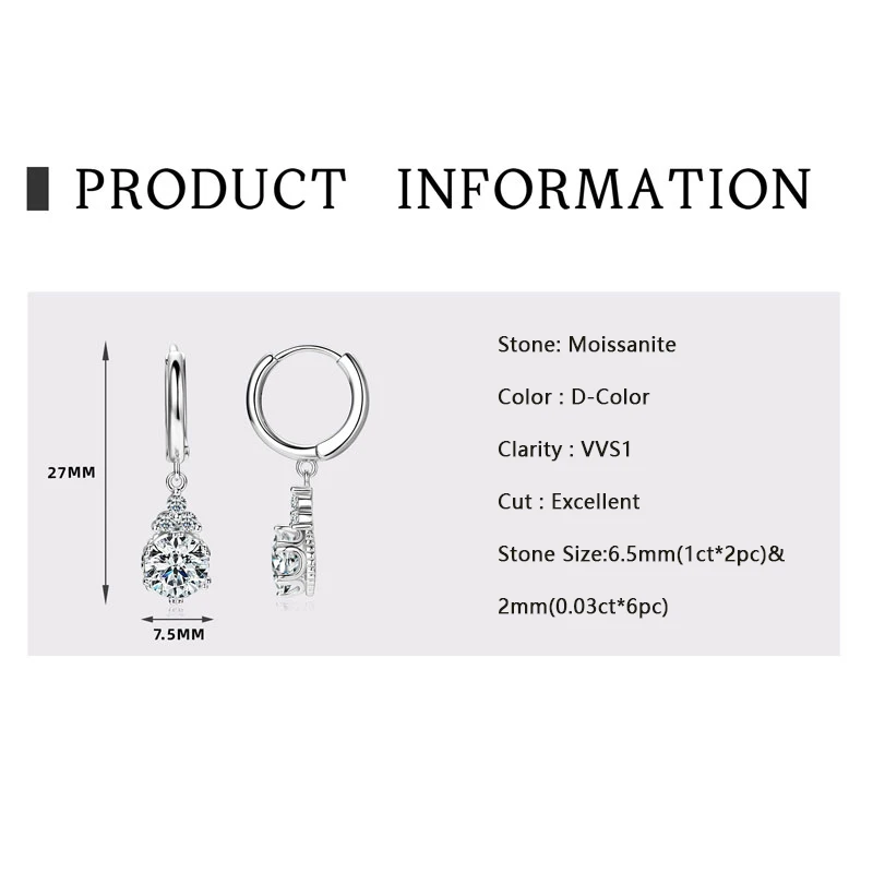 Lnngy Brilliant 6,5 mm-8 mm Moissanit-Ohrhänger für Damen, 925er Sterlingsilber, Tropfenohrring, Hochzeit, Verlobung, Party, Schmuck – Detail 9