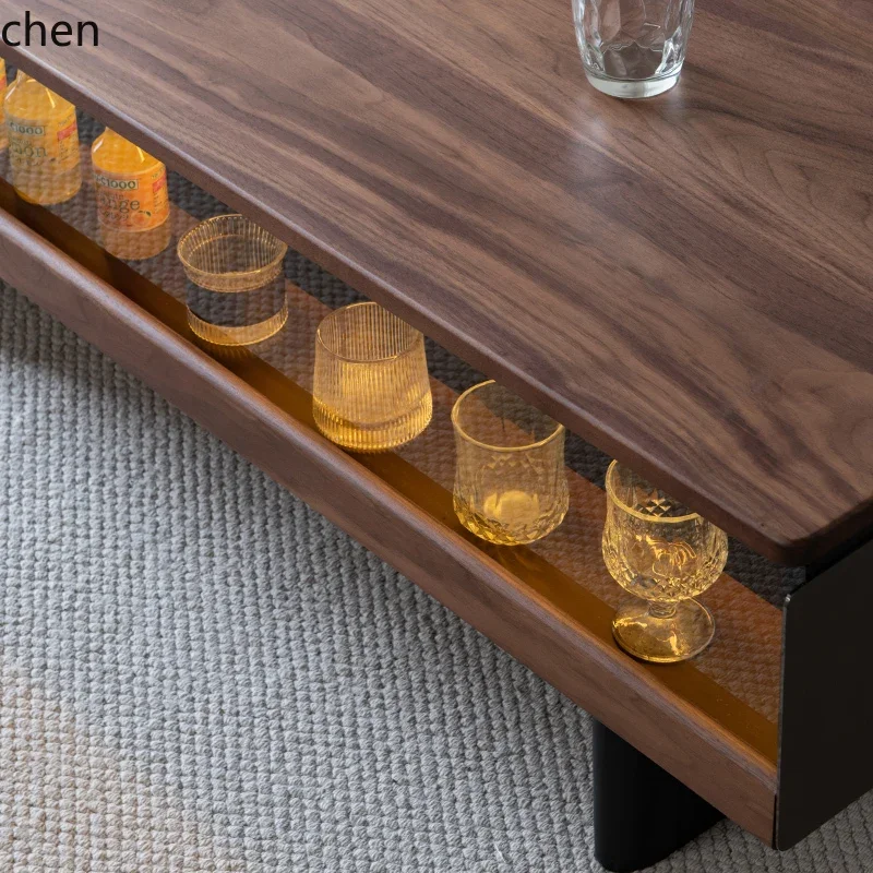 W5.19 walnut solid wood rock slab coffee table display modern black rectangular small apartment with lighting atmosphere