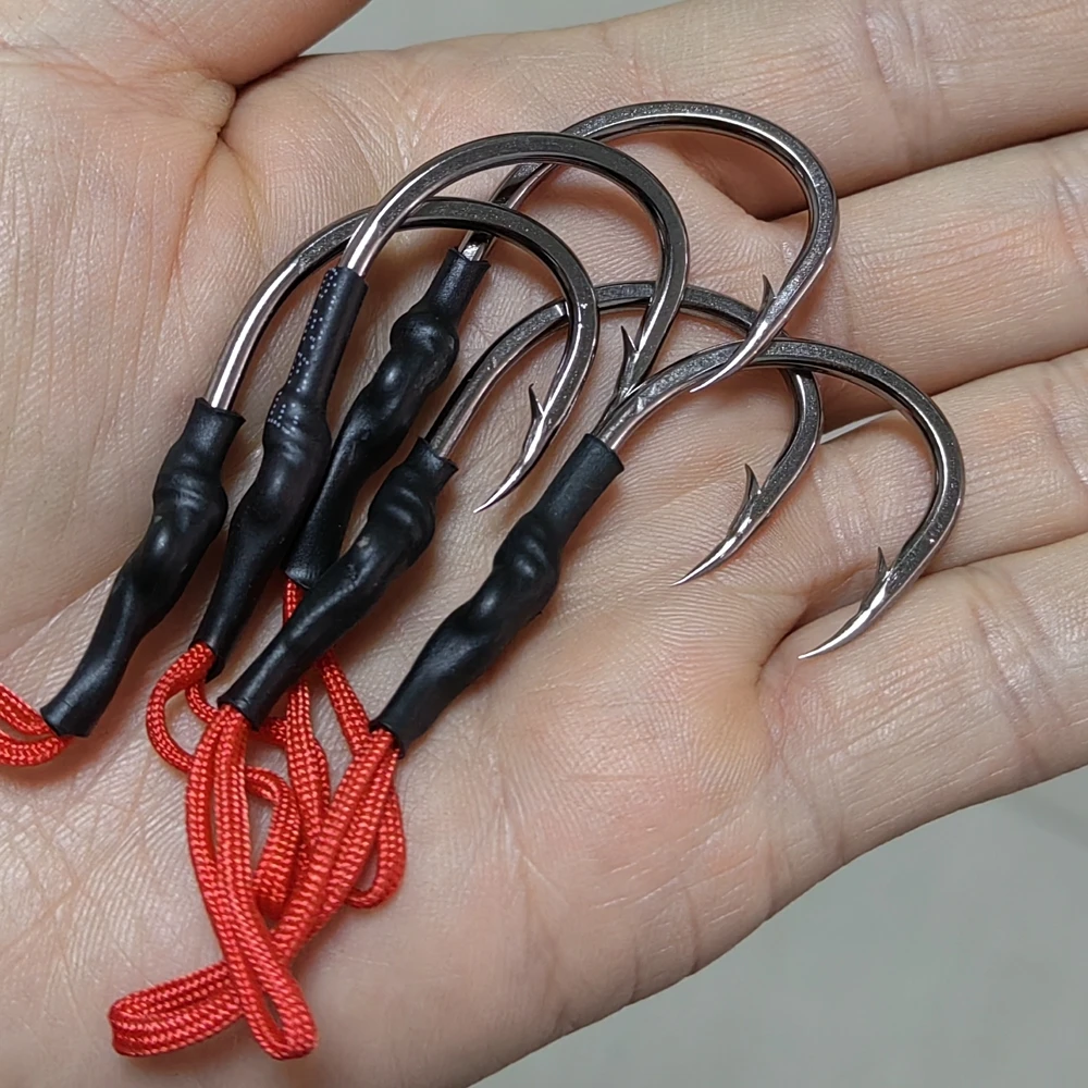 2/5pcs big High Carbon Steel Alloy fishing line tool hook for sea japan jig size 10 to 50 Red rope peche squid