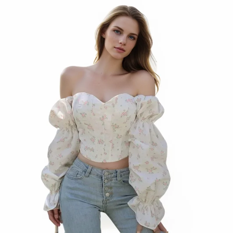 Women's Shirts Off The Shoulder Crop Top Long Sleeve Puff Sleeve Shirt Blouse