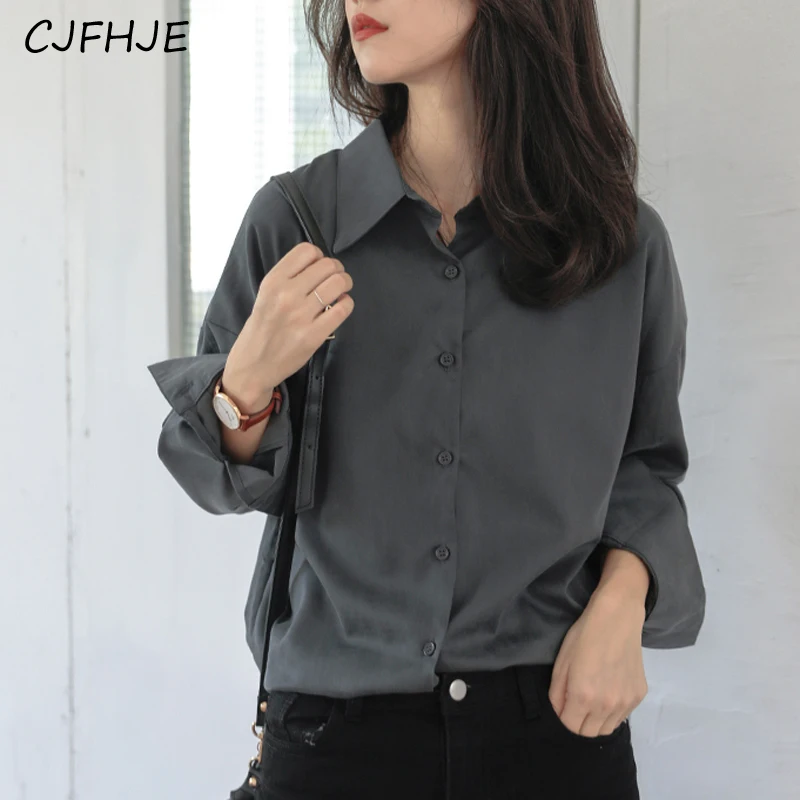 CJFHJE Retro Gray Spring New Long Sleeve Notch Collar All-match Blouse Coat Women's Loose Casual Fashion Solid Shirts Ladies