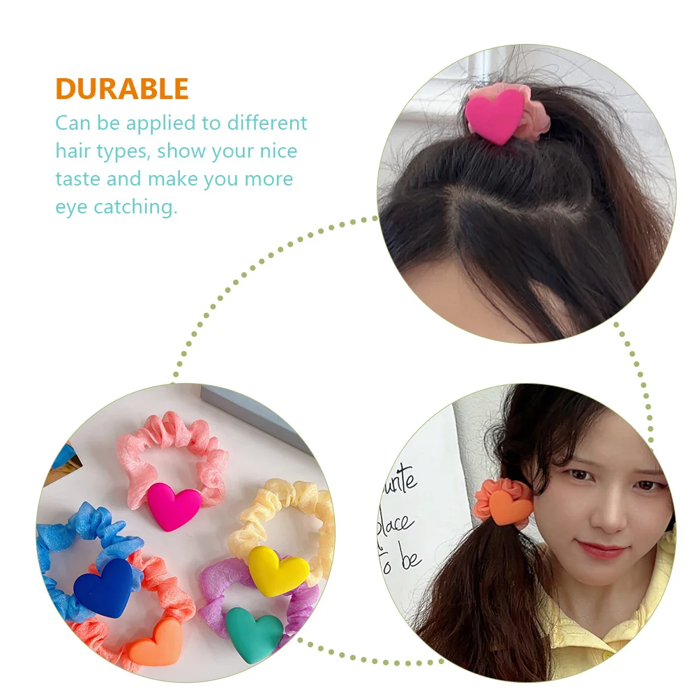 

5pcs Heart Shaped Ties Girls Fabric Resin Hair Bands Durable Comfortable Lightweight Elastic Ponytail Holders Colorful