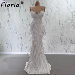 Luxury Pearls Feather Mermaid Wedding Dress Spaghetti Strap Prom Dress Customized Arabic Celebrity Party Gown Vestidos de noche