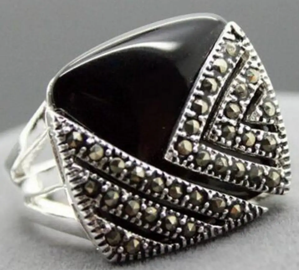 Free Shipping   14*15mm Square Natural Black Natural jade Marcasite 925 Sterling Ring Size 7/8/9/10