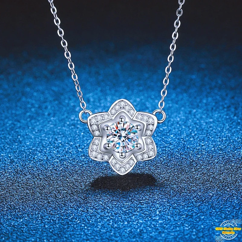 

1.0ct Moissanite S925 Silver Necklet Pendant for Women Men Plated Platinum Camellia Flowers Charm Necklace Valentine's Day gift