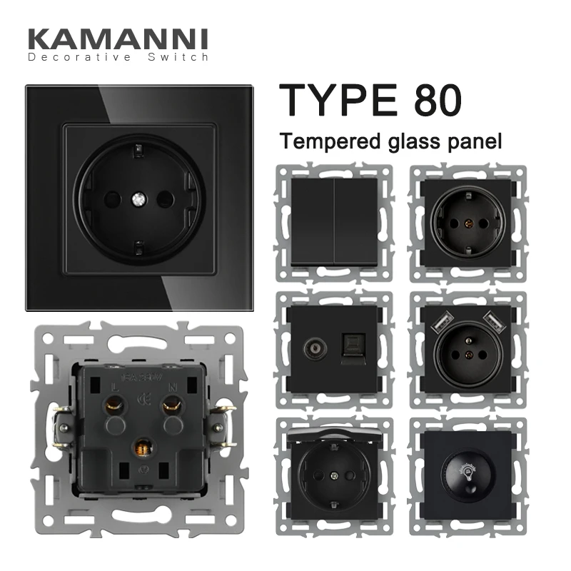 Black Tempered Glass Switch Panel Wall Socket With FR EU Standard USB Wall Light Switch Button Reset Curtain 1/2 Gang 1/2/3 Way