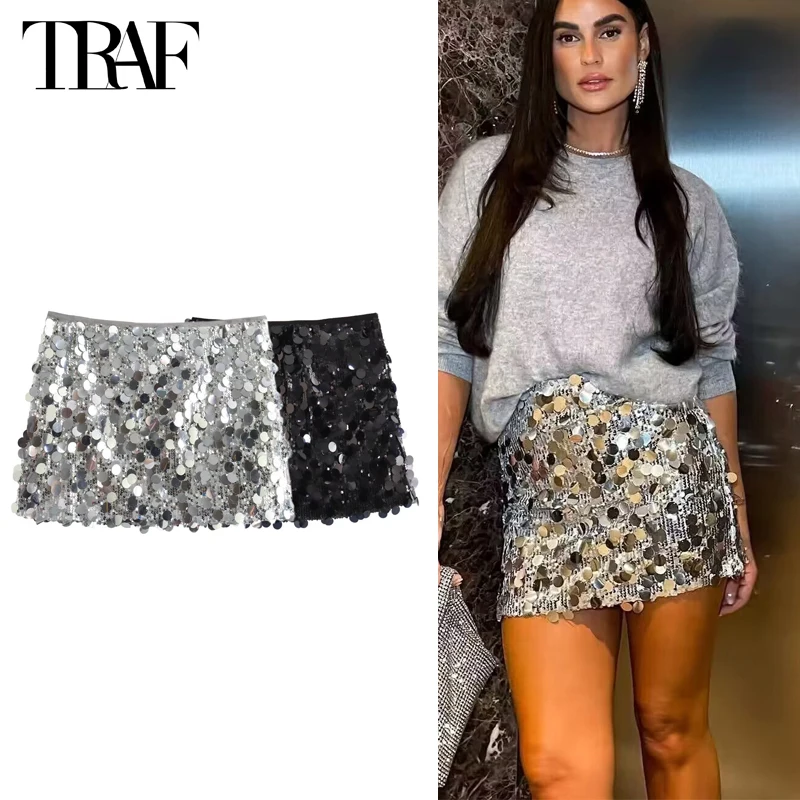 TRAF 2024 Sequin Mini Skirt Women Luxury High Waist Skirts for Woman Fashion Summer Women\'s Skirt Streetwear Glitter Short Skirt