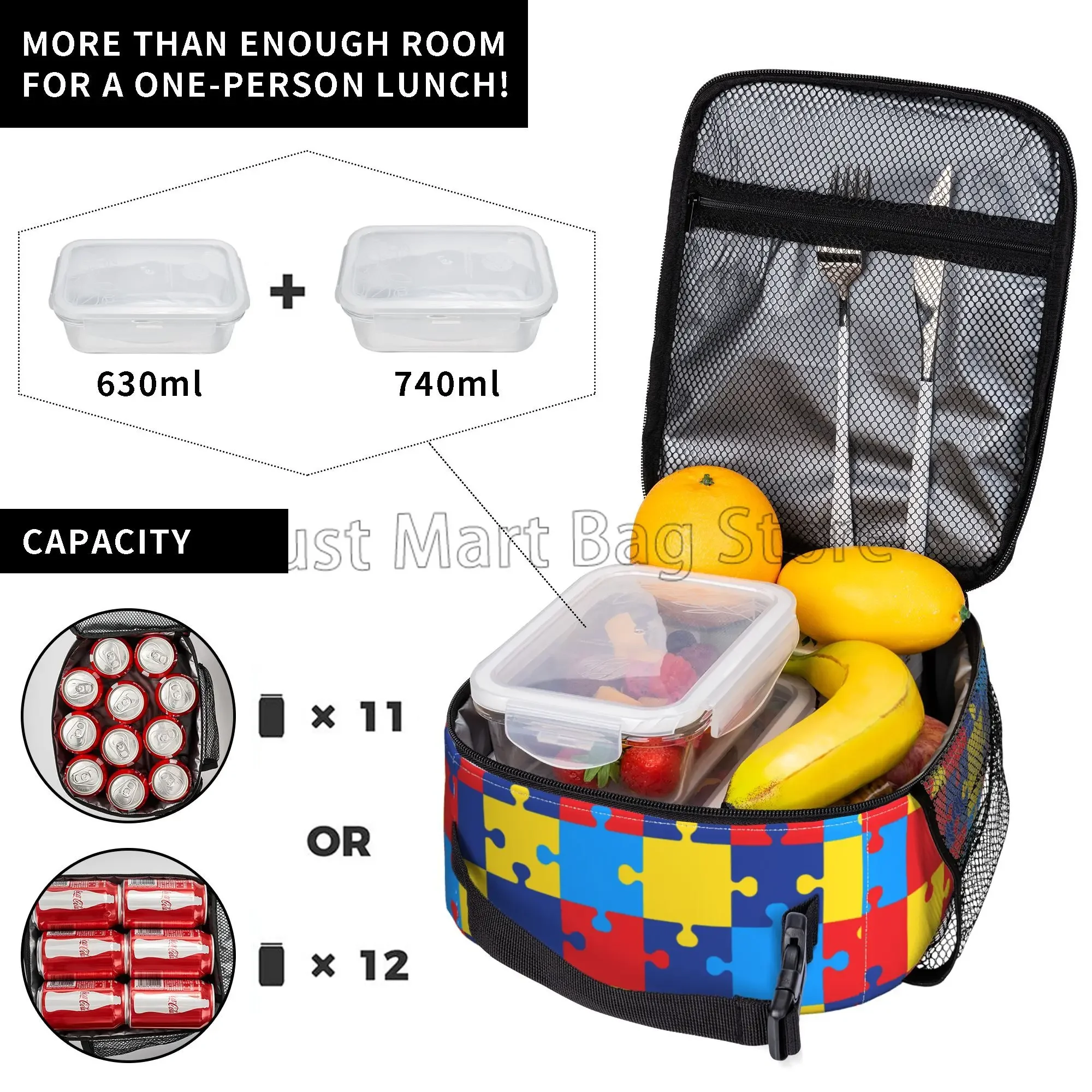 Autism Awareness Lunch Bags for Women Colorful Puzzle Piece Lunch Bag Water-resistant Thermal Bento Tote for Work Picnic Beach