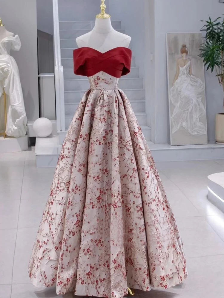 

SSYFashion Red Satin Plum Blossom Evening Dress Banquet Elegant Boat Neck A-line Floor-length Formal Gowns for Women Vestidos