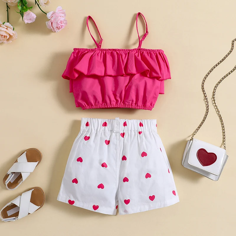 Kids Girl Summer Clothes Toddler 2Piece Shorts Outfit Sleeveless Ruffle Off Shoulder Crop Vest Top Heart Shorts Set