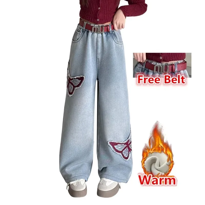 

Winter Velvet Lined Jeans with Butterfly Embroidery For Girl Warm Thicken Insulated Denim Pants With Belt Kids Thermal Trousers