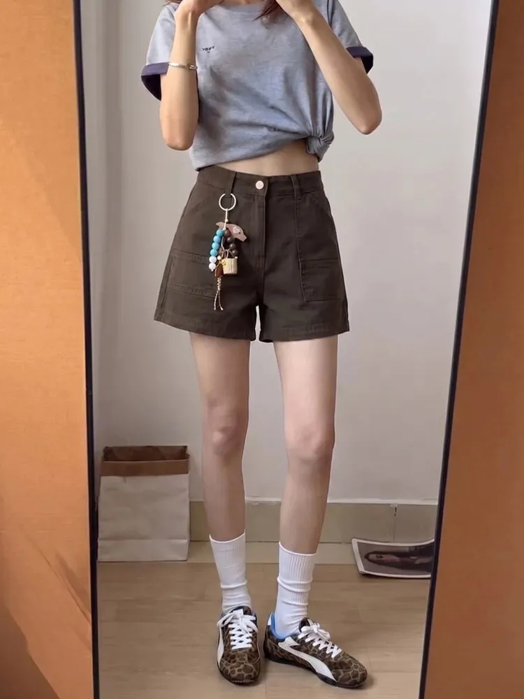 High Waist A-Line Denim Shorts Women's Summer New Style American Retro Brown Coffee Color Workwear Shorts Sexy Slimming Hot P...