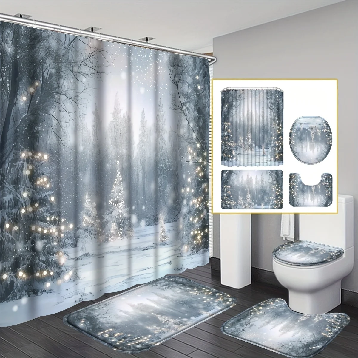 4pc Winter Snow Forest Christmas Shower Curtain Set, Machine Washable, Bathroom Decor, 12 Hooks Included