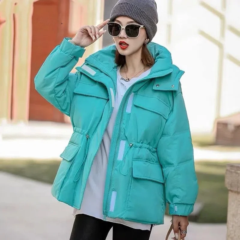 Winter Hooded Parkas Warm Jacket Women Down Cotton Coat Irregular Fluffy Bubble Drawcord Waist Outwear