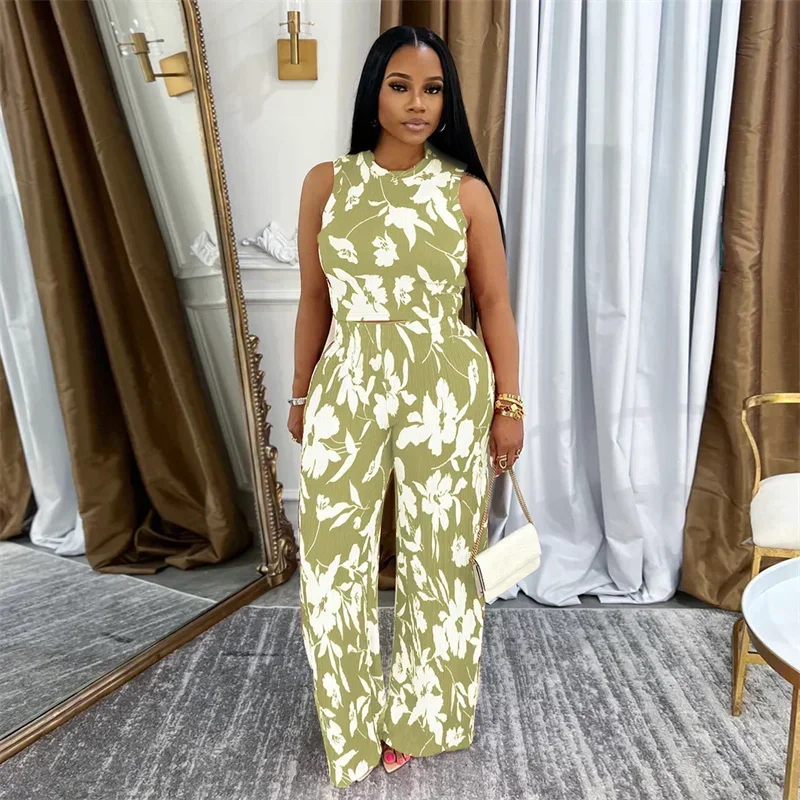 พิมพ์ดอกไม้ 2 ชิ้นชุดผู้หญิงฤดูร้อนชุด O-คอด้านบนและกางเกงขากว้างเอวสูงชุดการจับคู่ Conjunto Mujer