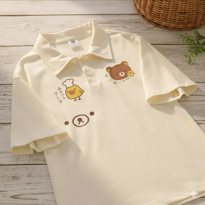 

Милая женская летняя футболка-поло с мультяшным принтом Rilakkuma, японская свободная блузка с коротким рукавом в стиле кавай для повседневной носки, школы и уличного стиля