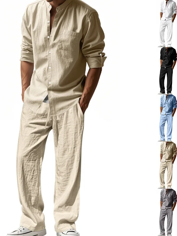 

Casual Linen Men's Set Skin-friendly Loose Long Sve Long Pants irt Set Spring Summer Cross-border Sle Youth Faion