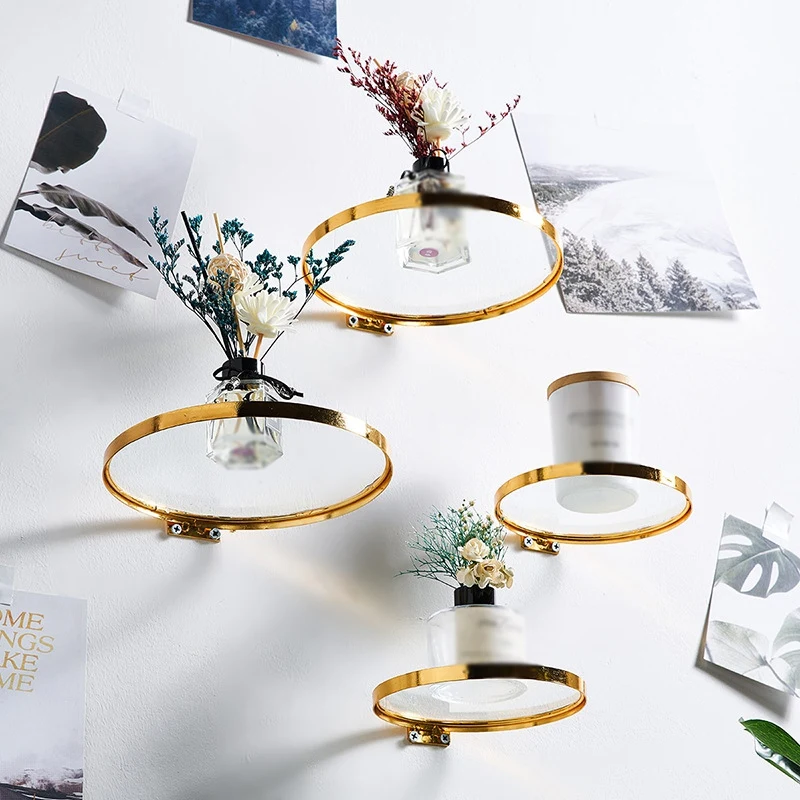 Colgante de pared redondo, artesanías de hierro y vidrio, estante dorado, adornos de lujo, accesorios de decoración del hogar de estilo moderno, soportes de pared Decoración