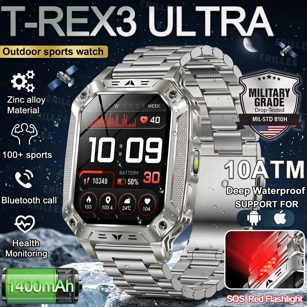 2026 New Military Grade 1400mAh Sports Smart Watch 10ATM Waterproof Flashlight Heart Rate Bluetooth Call Outdoor Smartwatch Men