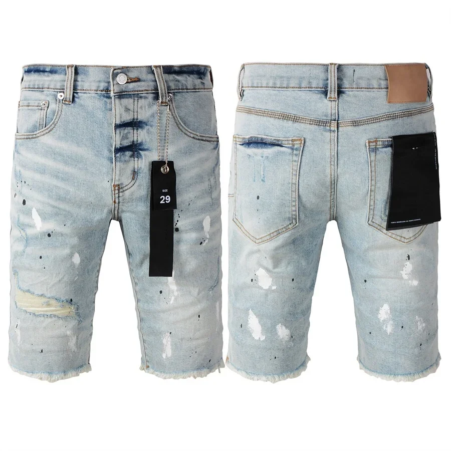 Top quality New Purples Jeans Men Trendy Elastic Edged Middle Pants Irregular Blue Color Washed Denim Shorts brands pants