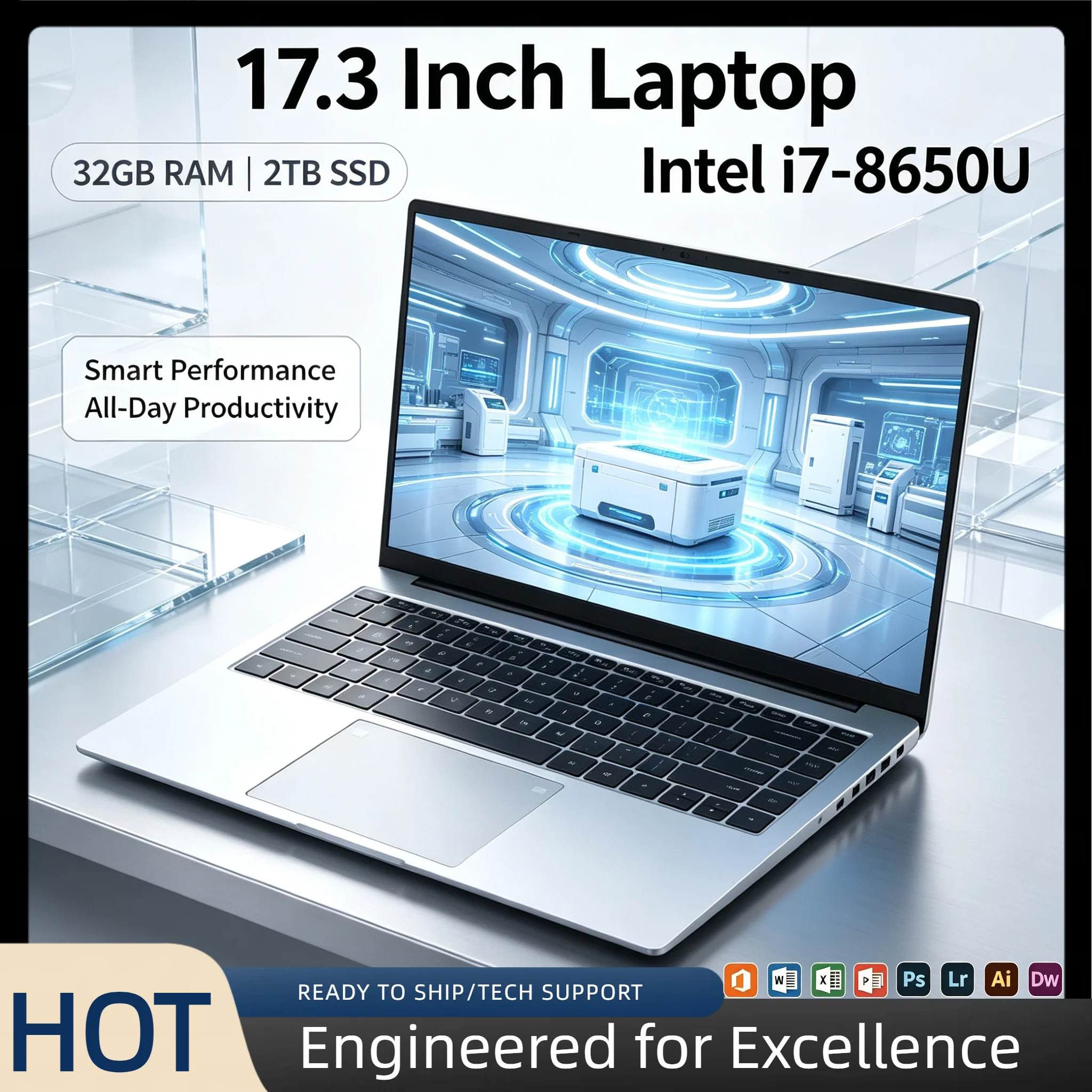 Intel i7 8650U 17.3 Inch Full Size Laptop 32GB RAM 2TB SSD Fingerprint Unlock High Performance Work Gaming Notebook Pro