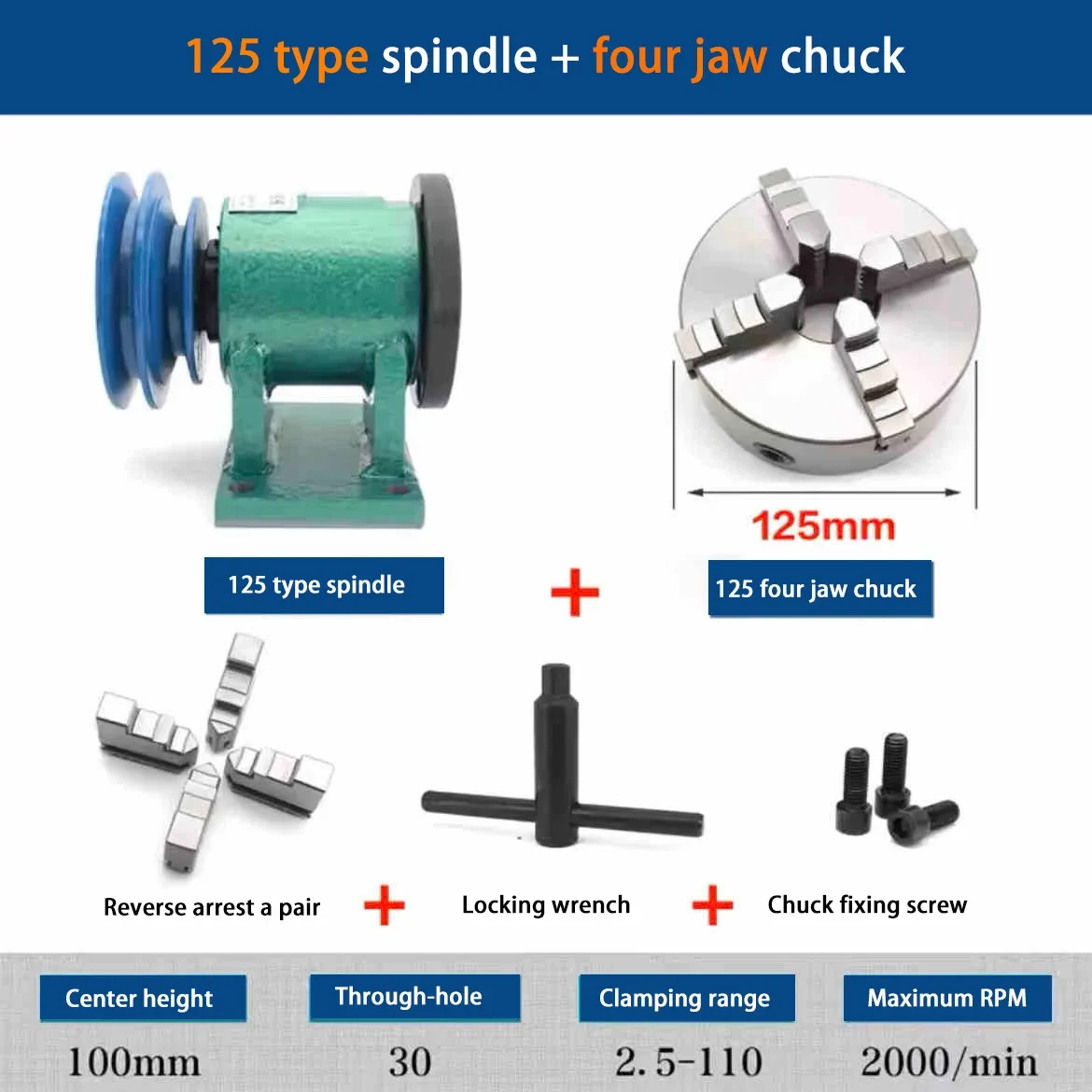 125 160 Type Lathe Spindle with Pneumatic Three Jaw Chuck Power Head for Woodworking DIY Metal Bead CNC Lathe