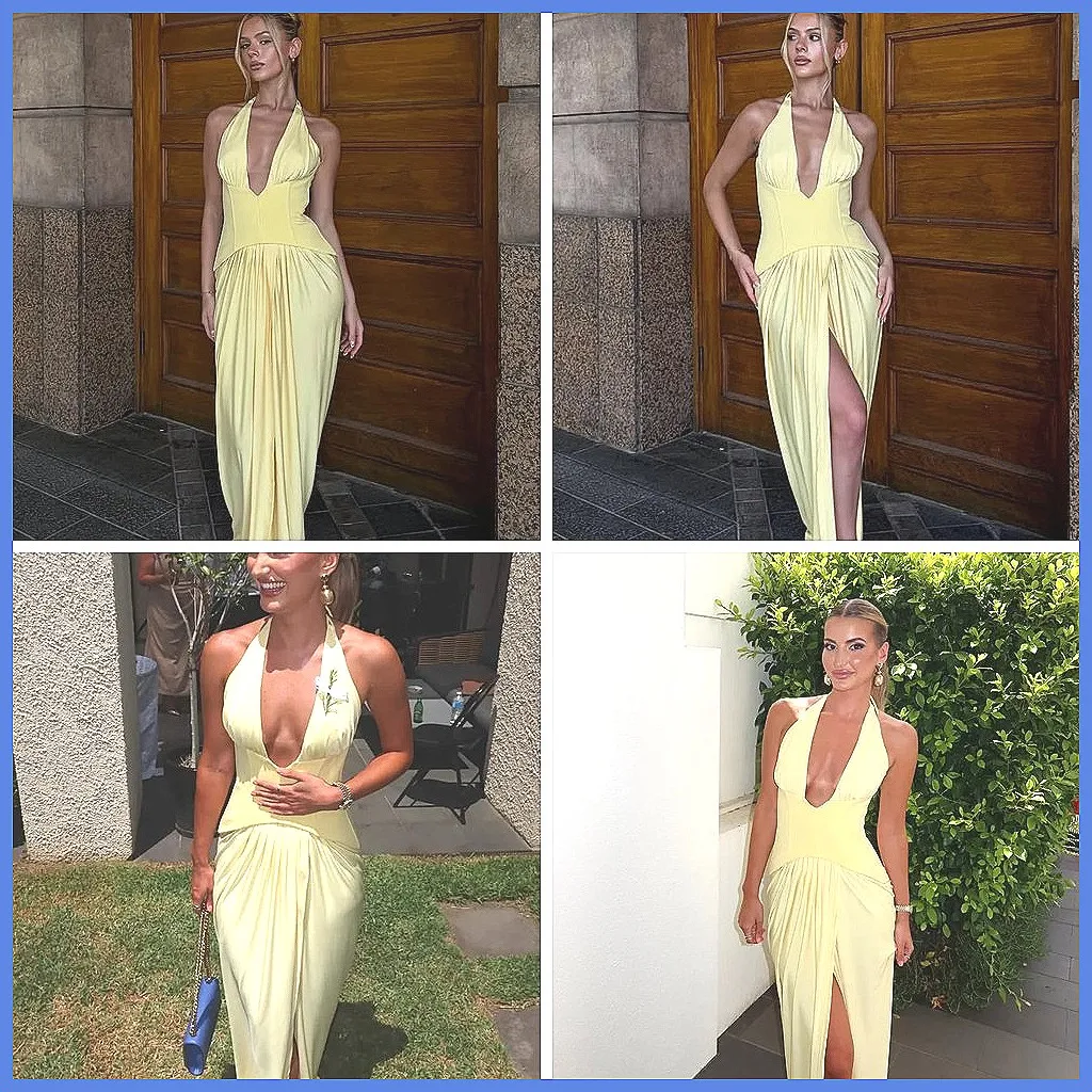 

Sexy Yellow Split Maxi Dress for Women, Deep V-Neck Halter Backless High Waist Party Dress