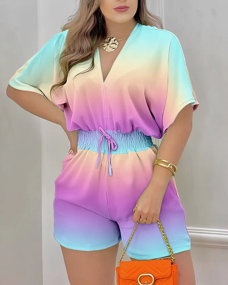 Stram pler elegante Frauen kurze Ärmel Overalls 2023 Sommer weibliche Overalls lose lässige Druck Taille gewickelt einteilige Shorts