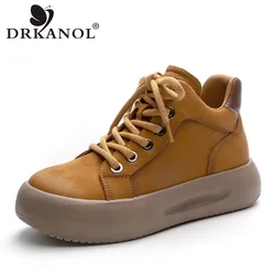 DRKANOL scarpe da donna in vera pelle moda autunno inverno stivali corti caldi da donna scarpe Casual con plateau piatto alto con lacci