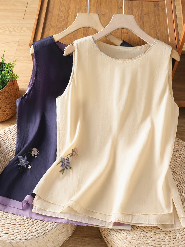 

Handmade Embroidered Vest Shirt Women's Summer plus Size Slimming Fake Two-Piece Top Breathable Loose Fit Artistic Style Casu...