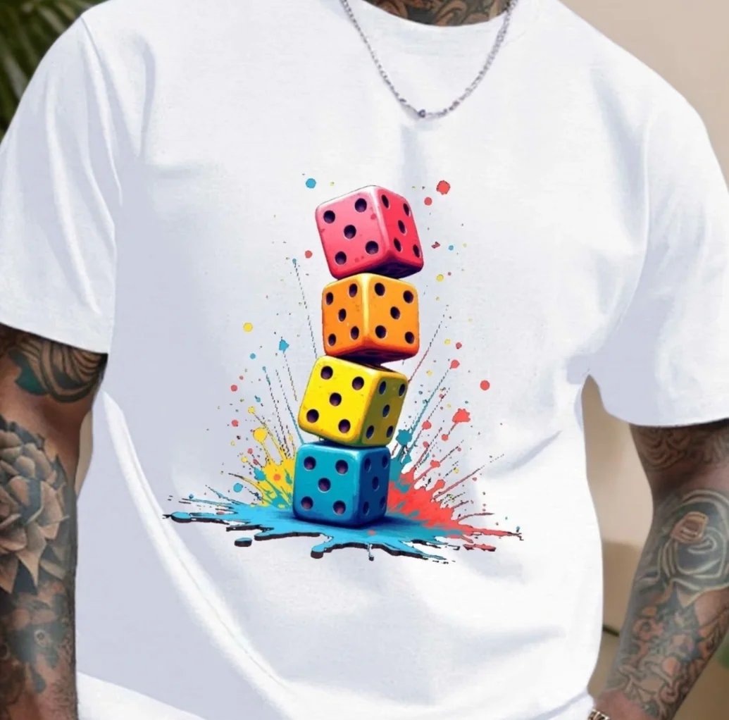 Men's White Casual Short Sleeve T-Shirt Stacked Dice Print Breathable Round Neck Summer Tee Poker Board Game Parties Tower Des
