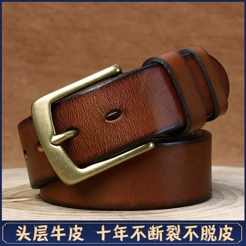 Thickened top layer cowskin belt men's leather pin pure copper simple and versatile
