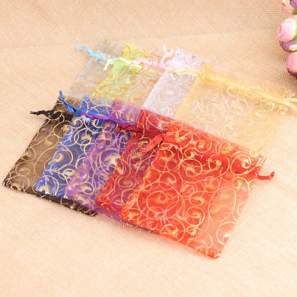 50pcs/lot 7*9cm Gold Eyelash Print Organza Pouch Wedding Party Gift Bag Jewelry Bag