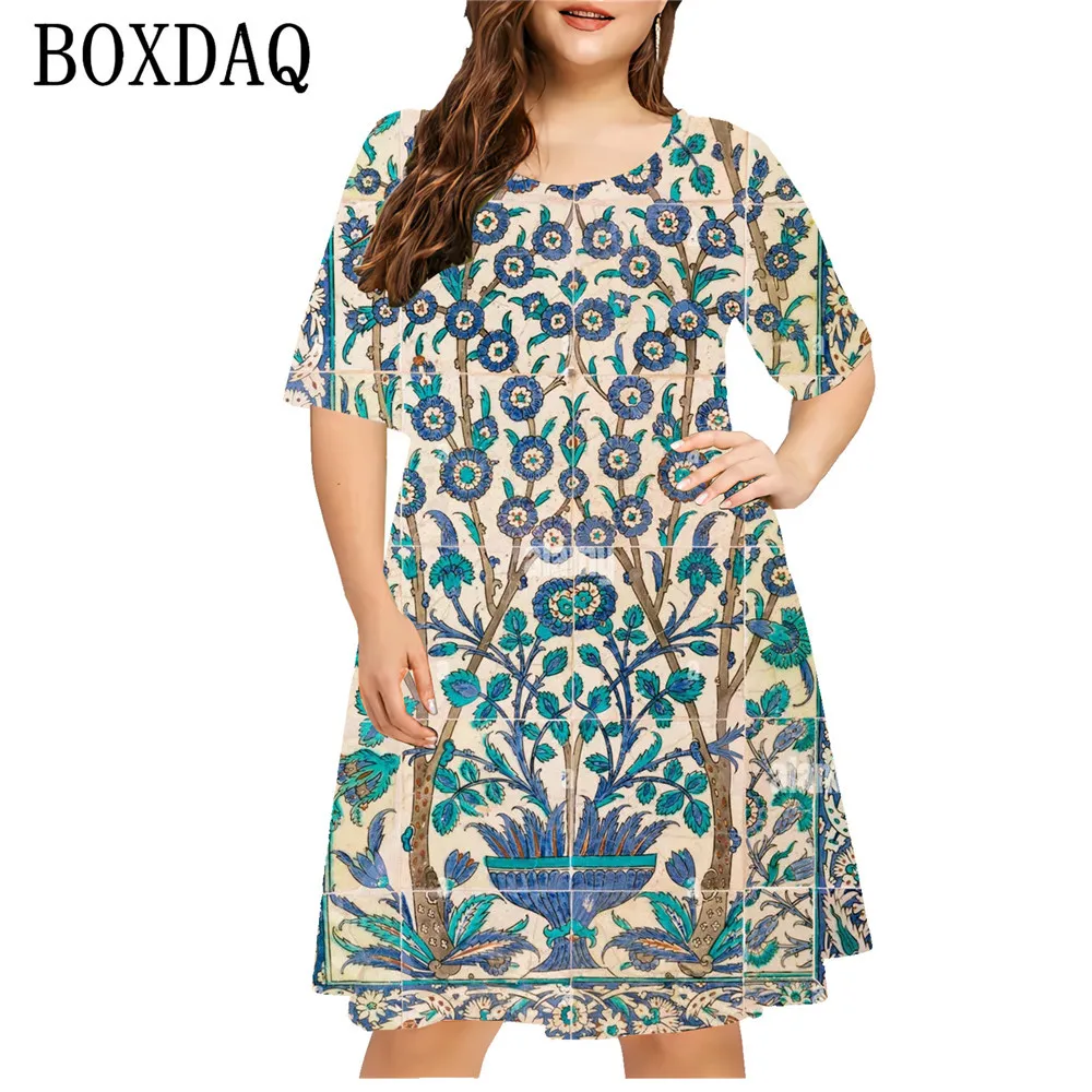 6XL Plus Size Dresses Women Blue Flower 3D Print Dress Loose Sundress Vintage Clothes Casual O-Neck Short Sleeve Dress 2024 New