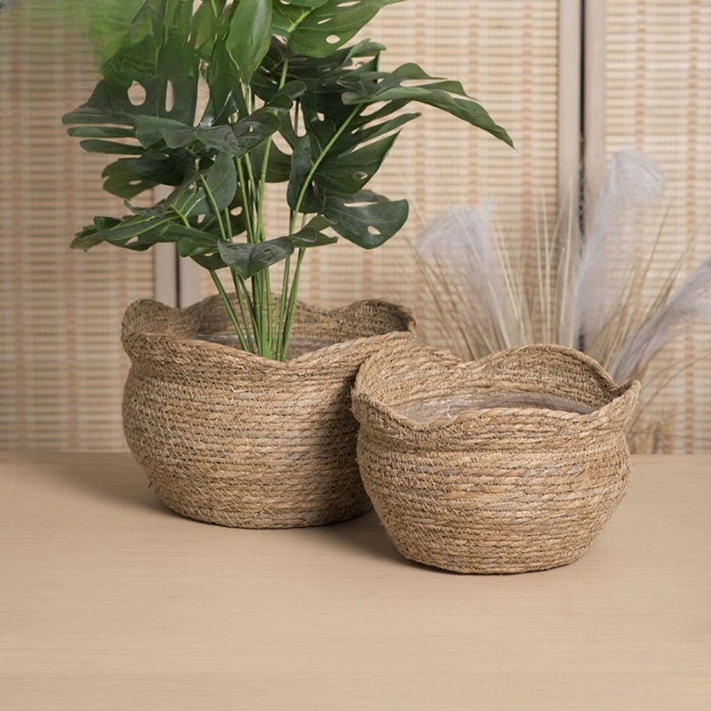 Grass Woven Floor To Ceiling Flower Pot Indoor Home Decoration Nordic Creative Potted Plant Storage Basket