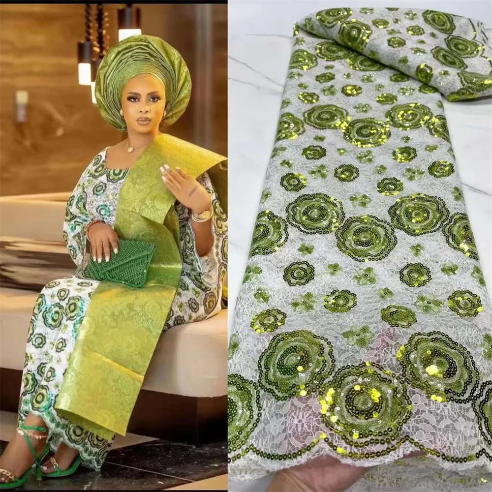 Tecido de renda de tule francês africano, Tecidos nigerianos para vestido de casamento, renda Chantily com lantejoulas, 5 jardas costurar