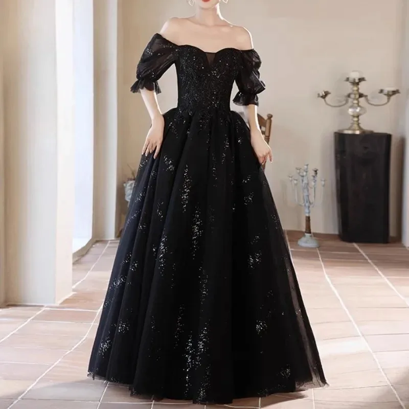 Customized French Elegant Waist Black Evening Dress One-shoulder Birthday Prom Dress Sexy Simple Ball Gown Pleated Mesh Wedding