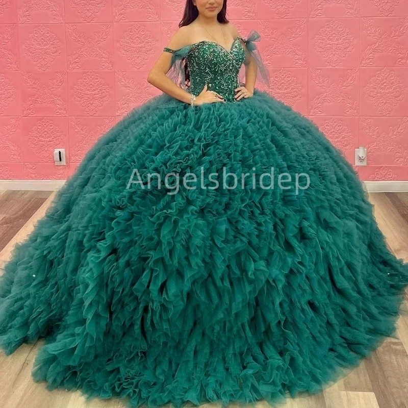 Angelsbridep vestido de 15 años 2025สีเขียวมรกตชุดไปงานเต้นรำปุยหวาน16 quinceanera ชุดชุดเดรสปาร์ตี้ตอนเย็น