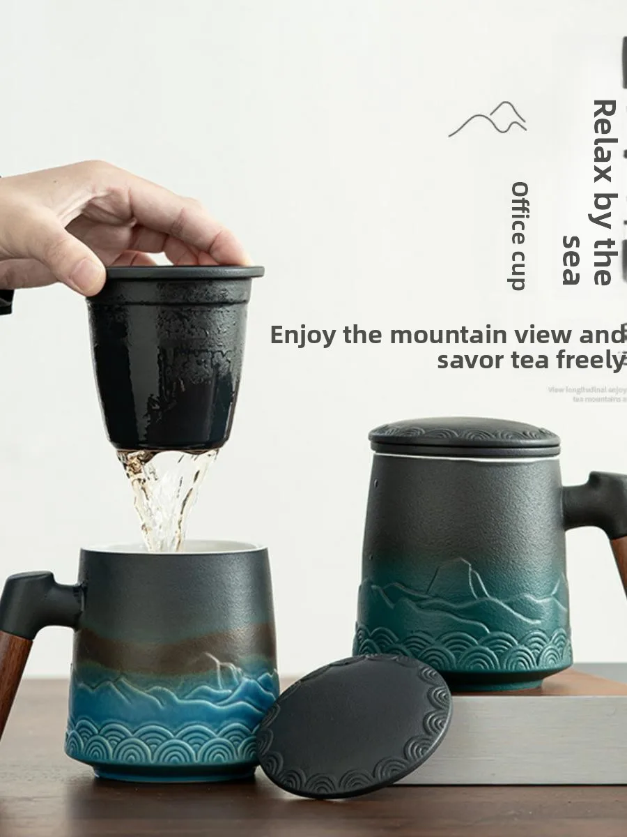 

Новая чашка для чая в японском стиле, большая емкость, кружка для воды с деревянной ручкой, с разделителем для заваривания чая, чашка для заваривания чая