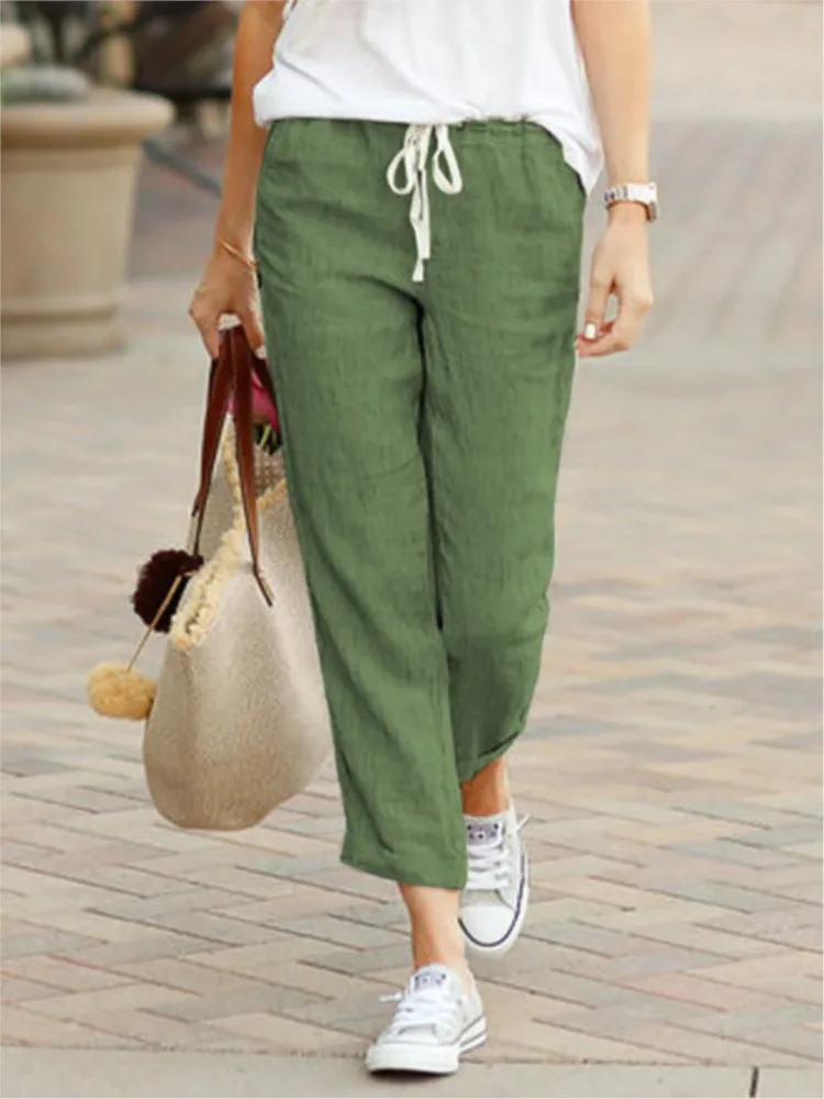 Fashion Black Casual Pants New Spring And Autumn Solid Color Loose Casual Drawstring Elastic Waist Cotton And Linen Trousers