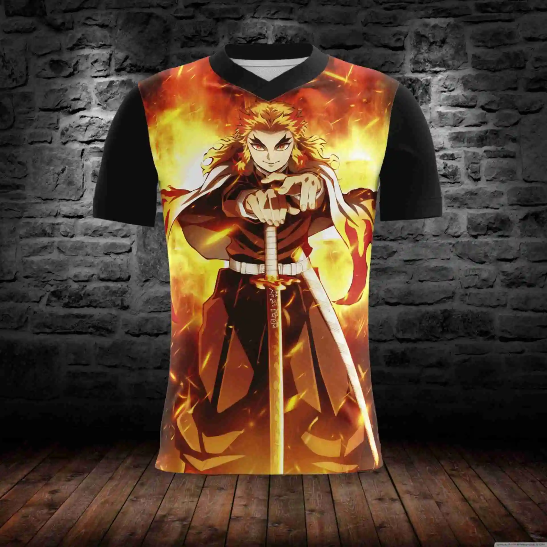 Sommermode Herren Demon Slayer Nezuko Kamado Kimono-Muster 3D-Druck V-Ausschnitt Jersey-T-Shirt Stylische Freizeitkleidung für Anime-Fans