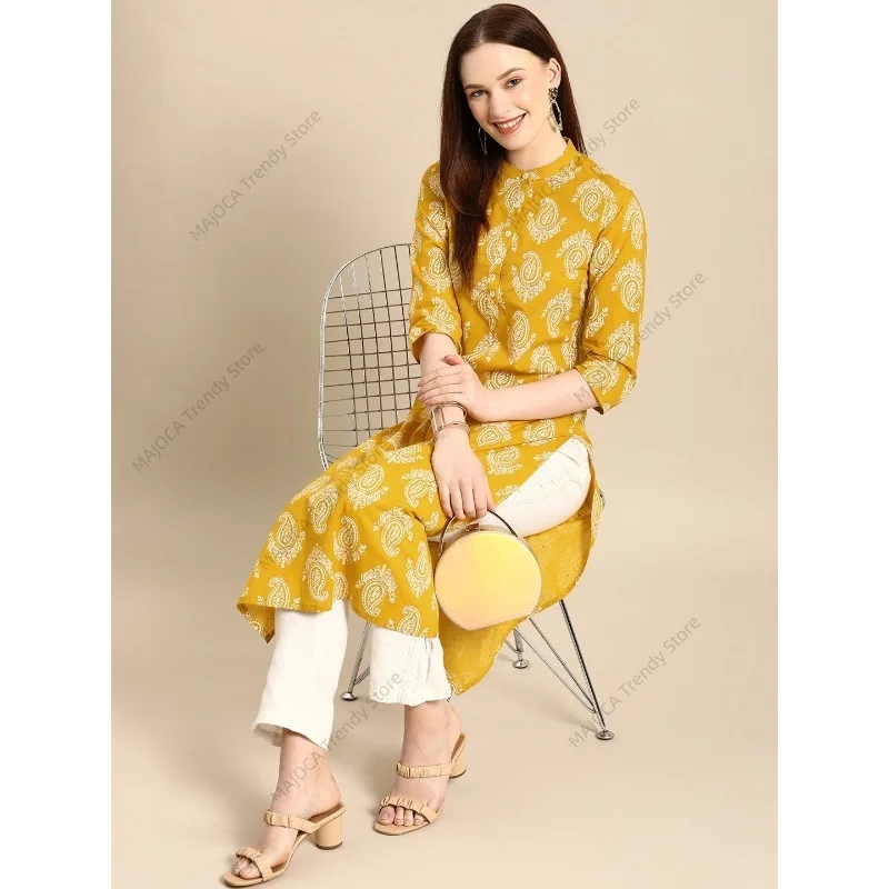 Women's Indian Style Cotton Printed Tunic Top Blouse with 3/4 Sleeves and Mandarin Collar India Dress Kurta Kurti - view 2